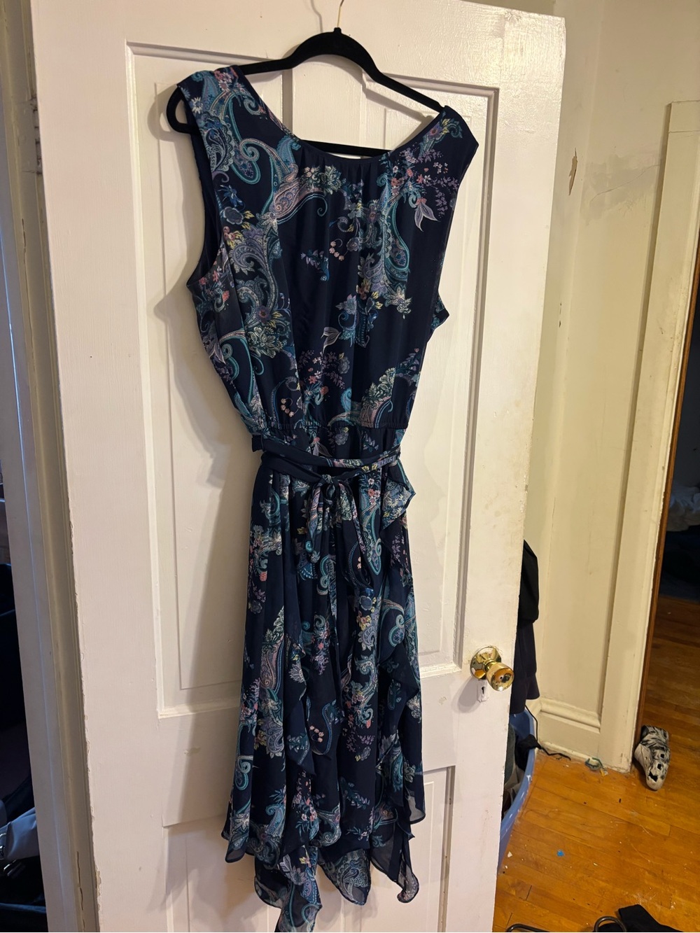 Roz & Ali Navy Paisley High-Low Dress with Waist Tie